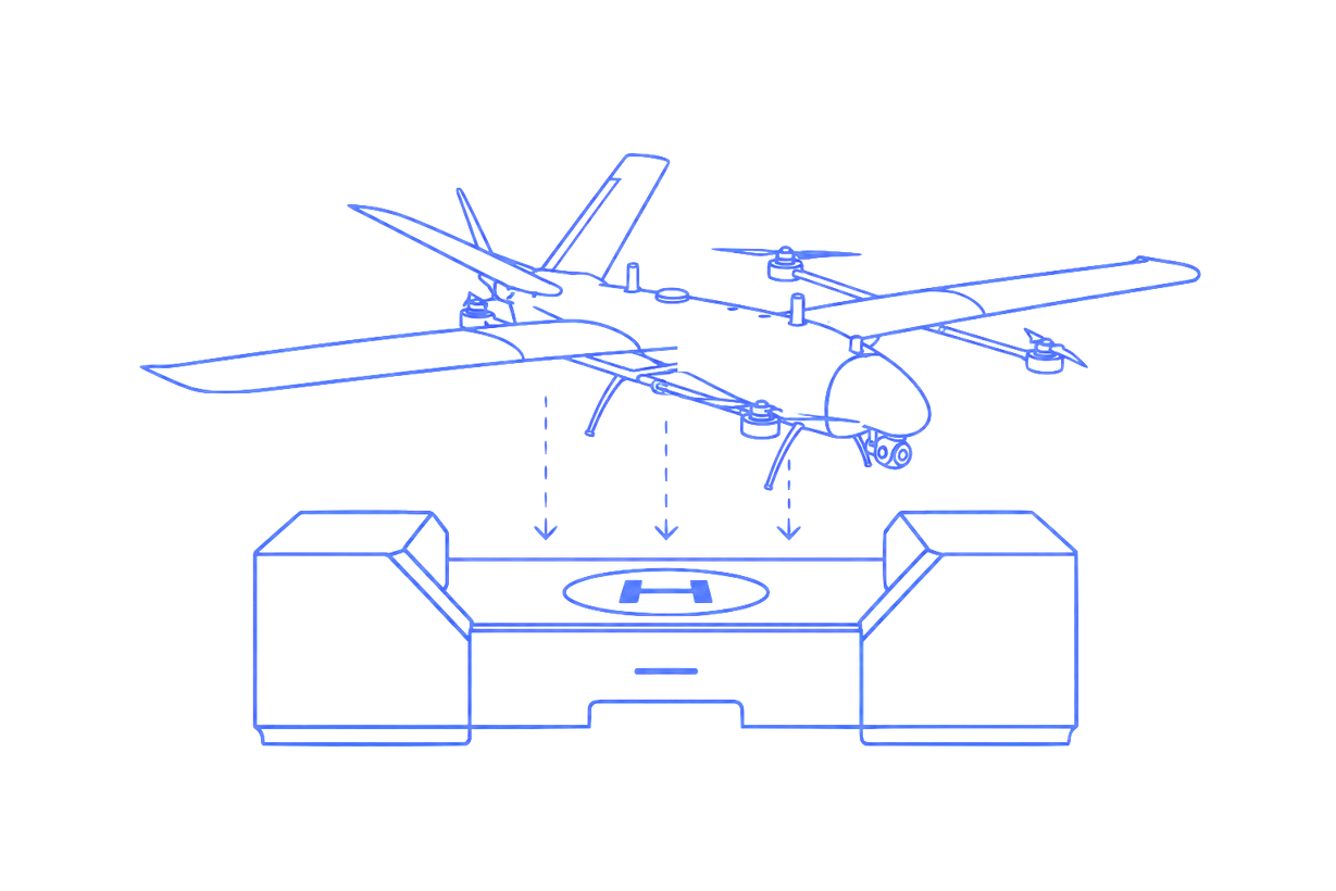 Original pitch-deck concept drawing showing a quadplane above an autonomous landing dock