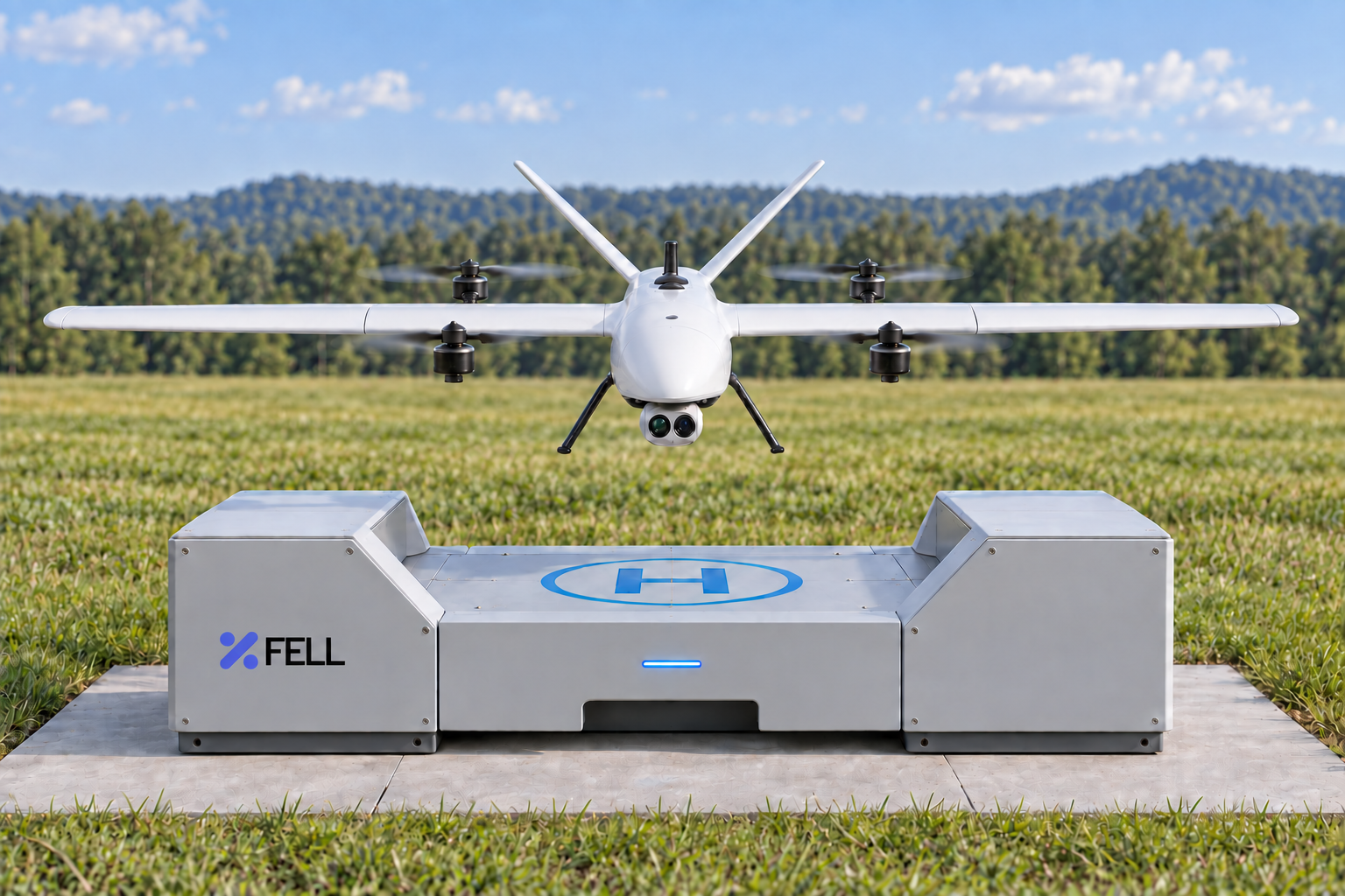Drone VTOL longue portée de Fell en vol stationnaire au-dessus d’une station d’accueil autonome dans un champ