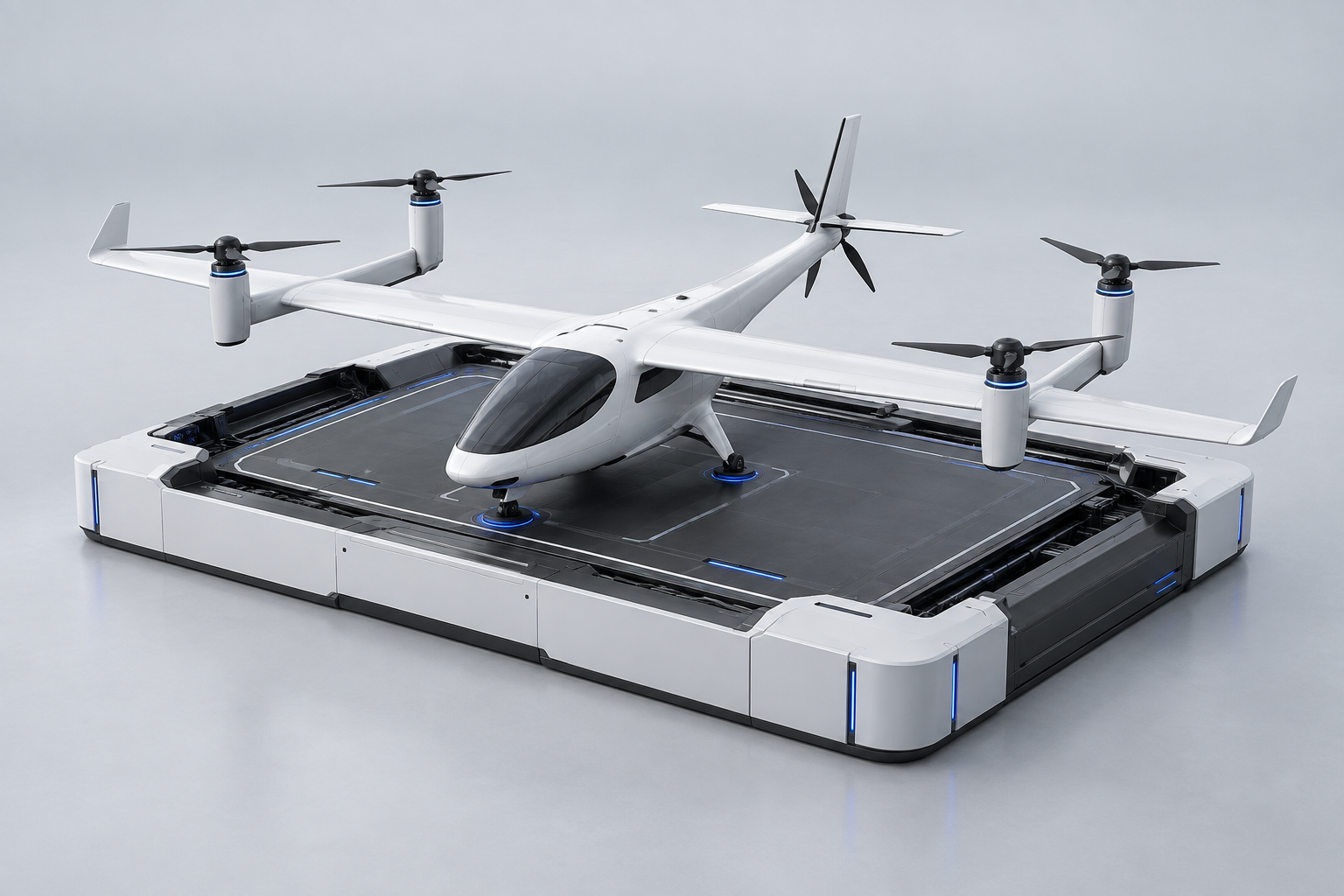 Concept render of a white quadplane VTOL aircraft resting on an open autonomous dock